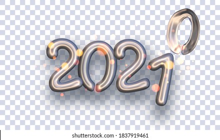 Silver Foil 2021 Balloon Sign With 1 Replacing Deflated 0 On Transparent Background. Vector Holiday Illustration.