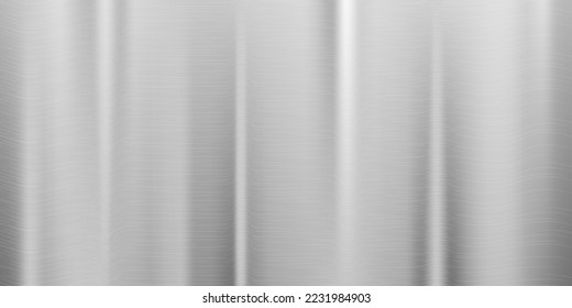 Fondo de aluminio plateado. Gradiente brillante de textura gris metálico. Superficie inoxidable brillante con reflexión. Fondo cromado realista con pliegues. Ilustración vectorial.