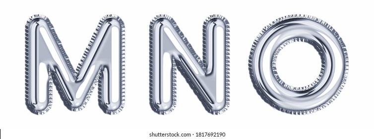 Silver foil balloon alphabet set letter M, N, O realistic 3d illustration metallic gray air balloon. Collection of balloon alphabet ready to use in headlines, greeting, celebration vector eps.