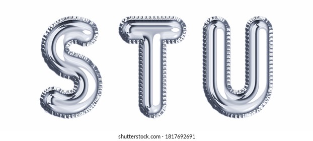 Silver foil balloon alphabet set letter S, T , U realistic 3d illustration metallic gray air balloon. Collection of balloon alphabet ready to use in headlines, greeting, celebration vector eps.