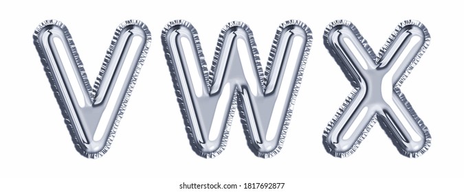 Silver foil balloon alphabet set letter V,  W, X realistic 3d illustration metallic gray air balloon. Collection of balloon alphabet ready to use in headlines, greeting, celebration vector eps