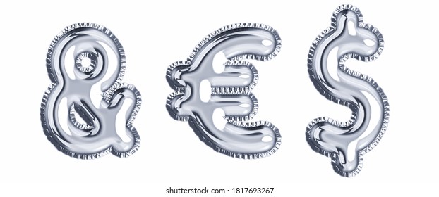 Silver  foil balloon alphabet set isoalted ampersand, euro, dollar sign. Realistic 3d illustration metallic air balloon. alphabet ready to use in headline, greeting, celebration Vector illustration. 