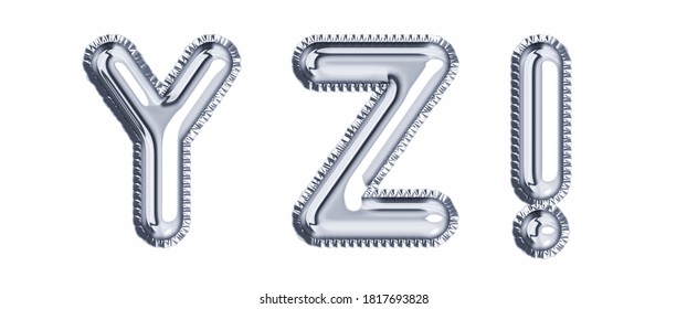 Silver foil balloon alphabet set letter Y,  Z, Exclamation point realistic 3d illustration metallic  air balloon. Collection of balloon alphabet ready to use in headlines, greeting, celebration vector