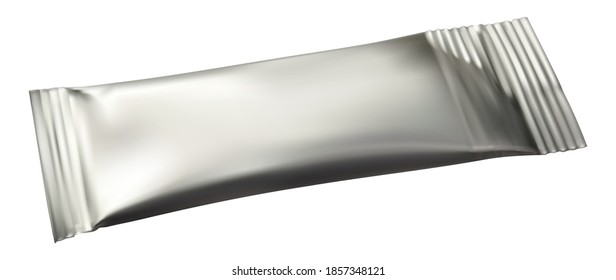Silver foil blank packaging stick. Vector realistic mockup illustration isolated on white background, package for sugar and spices. Sachet for medicines.