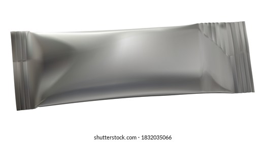 Leere Folienverpackungsstöcke aus Silberfolie. Vektorrealistische Mockup-Illustration einzeln auf weißem Hintergrund, Paket für Zucker und Gewürze. Beutel für Arzneimittel.