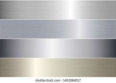 Silver foil chrome metal texture vector icon set. Shiny silver brushed vector metallic gradient background for banner, ribbon, label, medal, button, money. Silver abstract background chrome gradient