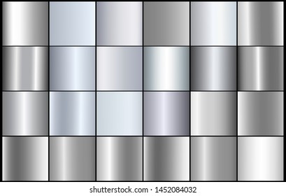 Silver foil chrome metal texture vector icon set. Shiny silver brushed vector metallic gradient background for banner, ribbon, label, medal, button, money. Silver abstract background chrome gradient