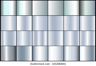 Silver foil chrome metal texture vector icon set. Shiny silver brushed vector metallic gradient background for banner, ribbon, label, medal, button, money. Silver abstract background chrome gradient