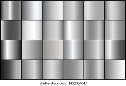 Silver foil chrome metal texture vector icon set. Shiny silver brushed vector metallic gradient background for banner, ribbon, label, medal, button, money. Silver abstract background chrome gradient