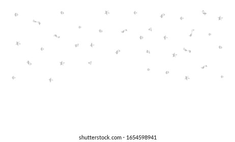 silver foil confetti floating on white background and copy space, confetti ribbon silver flying for decoration party backdrop, silver confetti falling from top isolated on white, confetti for surprise