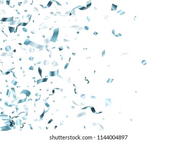 Silver foil holiday realistic confetti flying vector background. Creative flying tinsels, foil texture serpentine streamers, sparkles, confetti falling festive background.