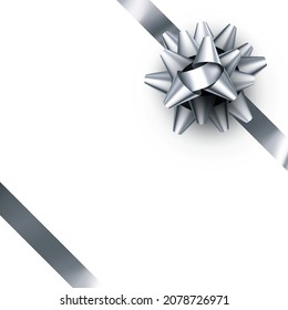 Silver foil ribbon with beautiful bow. Gift box decoration element. Space for text. Vector illustration.