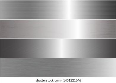 Silver foil scratched chrome metal texture vector icon set. Shiny silver brushed vector metallic gradient background for banner, label, button. Grunge silver vintage abstract gradient collection