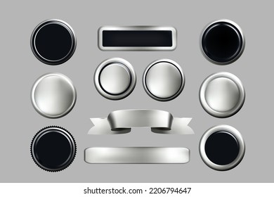 Juego de botones 3d de textura de papel plateado. Sello vectorial colección de vectores metálicos brillantes dorados