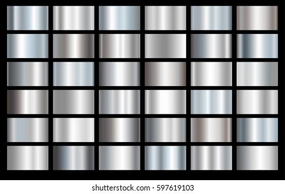 Silver foil texture background set. Grey, chrome vector elegant, shiny and metal gradient collection template for silver border, frame, ribbon design