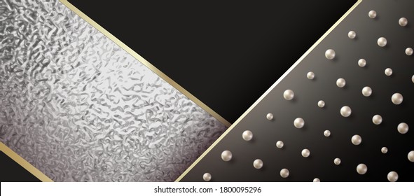 Textura de papel plateado sobre fondo negro. Patrón geométrico metálico brillante vectorial. Banner horizontal decorativo de metal dorado