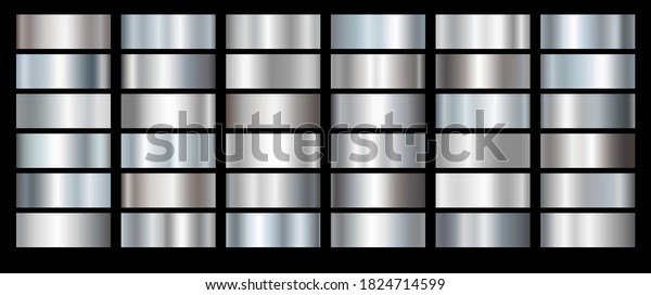 Silver foil texture set background. Vector shiny\
and metal steel gradient collection for chrome border, iron frame,\
ribbon or label design