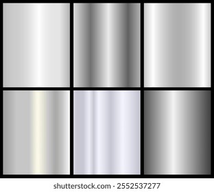 Conjunto de textura de folha de prata, coleção de vetor gradiente brilhante e metálico para borda, quadro, fita, design do rótulo.