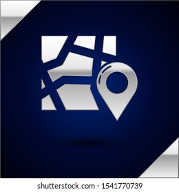 Silver Folded map with location marker icon isolated on dark blue background.  Vector Illustration