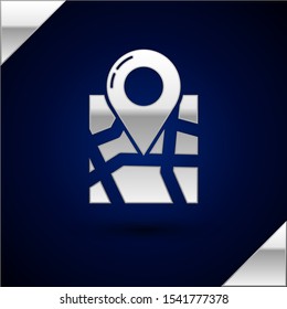 Silver Folded map with location marker icon isolated on dark blue background.  Vector Illustration