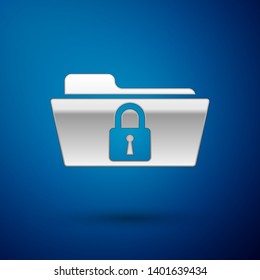 Silver Folder and lock icon isolated on blue background. Closed folder and padlock. Security, safety, protection concept. Vector Illustration