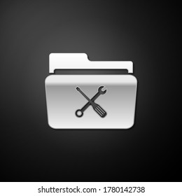 Silver Folder and tools or settings icon isolated on black background. Folder with wrench and screwdriver sign. Computer technical service. Long shadow style. Vector
