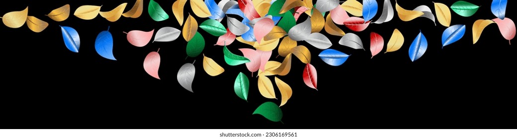 Silver Foliage Abstract Vector Black Panoramic Background Wallpaper. Realistic Leaves Brochure. Forest Color Flying Poster. Leaf Fly Background.
