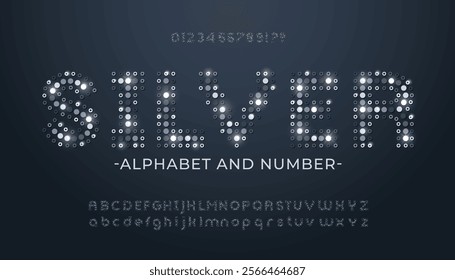 Silver font made of silver glittering sequins. Alphabet from sparkling metallic dots, with glitter numbers, upper and lower case letters.