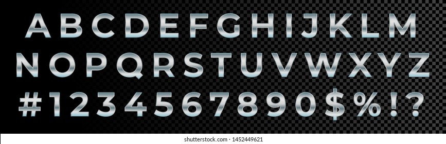 Silver font numbers and letters alphabet typography. Vector silver metallic font type, 3d metal chrome glossy effect