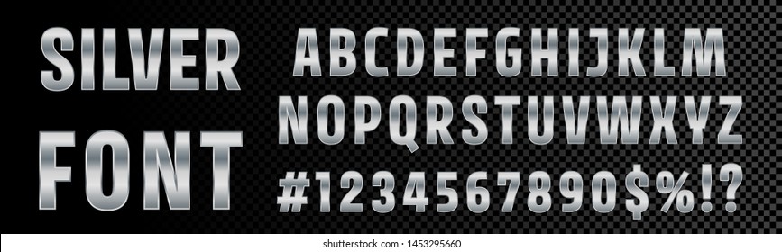 Silver Font Numbers And Letters Alphabet Typography. Vector Chrome Metallic Silver Font Type, 3d Metal Texture Gradient Effect