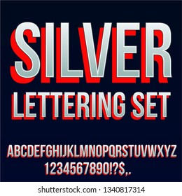 Silver font with red shadows - stylized vector alphabet set for lettering