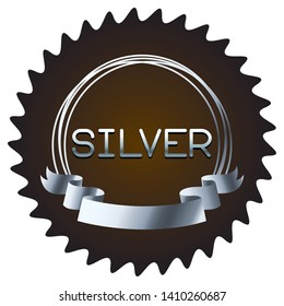 silver font in round emblem frame with ribbon over vintage label