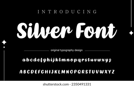 Pincel estilo de fuente plateada pintado con letras vectoriales mayúsculas, alfabeto, tipo de letra.