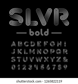 Silber-Schriftart. Vektorillustration-Alphabet mit Farbeffektbuchstaben und -ziffern.