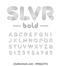 Silver font. Vector alphabet with chrome effect letters and numbers.
