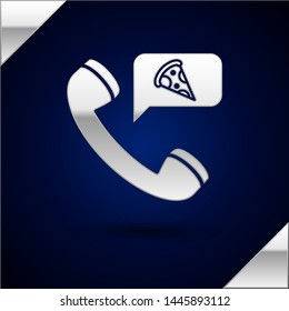 Silver Food ordering pizza icon isolated on dark blue background. Order by mobile phone. Restaurant food delivery concept.  Vector Illustration
