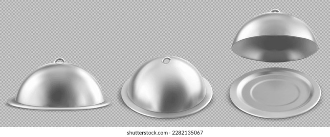 Silver food tray, plate with cloche for restaurant. 3d metal dish with closed and open cover for serving hot dinner or chef meal. Empty platter with dome lid, vector realistic set