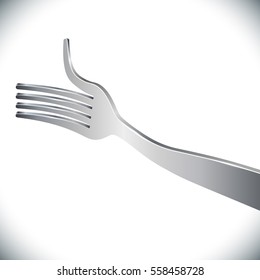 Silver fork giving a thumb-up concept image symbolizing tasty and delicious restaurant course. Vector illustration.