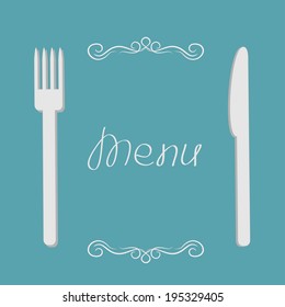 Silver fork and knife. Menu cover in flat design style. Vector illustration