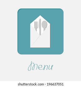 Silver fork knife spoon and napkin icon. Menu cover in flat design style. Vector illustration