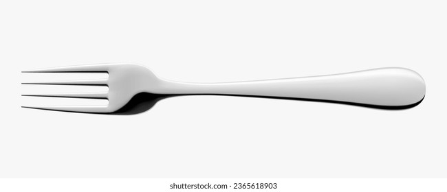 Silver fork. Stainless steel glossy metal fork, isolated on white background. Kitchenware Mockup. Realistic 3d vector illustration. Kitchen utensils for eating, tableware for restaurant serving