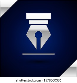 Silver Fountain pen nib icon isolated on dark blue background. Pen tool sign.  Vector Illustration