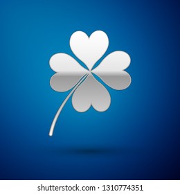 Silver Four leaf clover icon isolated on blue background. Happy Saint Patrick day. Vector Illustration
