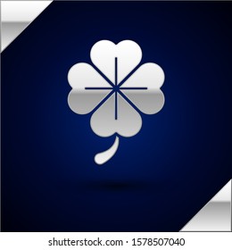 Silver Four leaf clover icon isolated on dark blue background. Happy Saint Patrick day.  Vector Illustration