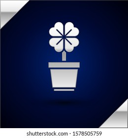 Silver Four leaf clover in pot icon isolated on dark blue background. Happy Saint Patrick day.  Vector Illustration