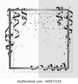 Silver frame with silver and black ribbon, serpentine, dust for flyer, poster, shopping, for sale sign, discount, marketing, selling, banner, web, header. Vector illustration. White background.