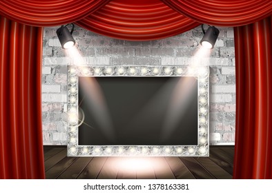 Silver frame in cinematic style on brick wall and red curtain background with spotlights. Vector illustration