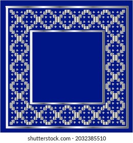 silver frame for design template. Elegant element for design in Eastern style, place for text.on a  blue background. Lace vector illustration for invitations and greeting cards