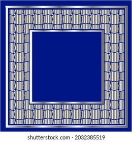 silver frame for design template. Elegant element for design in Eastern style, place for text.on a  blue background. Lace vector illustration for invitations and greeting cards
