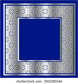 silver frame for design template. Elegant element for design in Eastern style, place for text.on a  blue background. Lace vector illustration for invitations and greeting cards